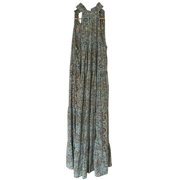PAANI Halter Tiered Boho Maxi Dress Light Teal Floral Metallic Print, Size Small - Picture 2 of 11
